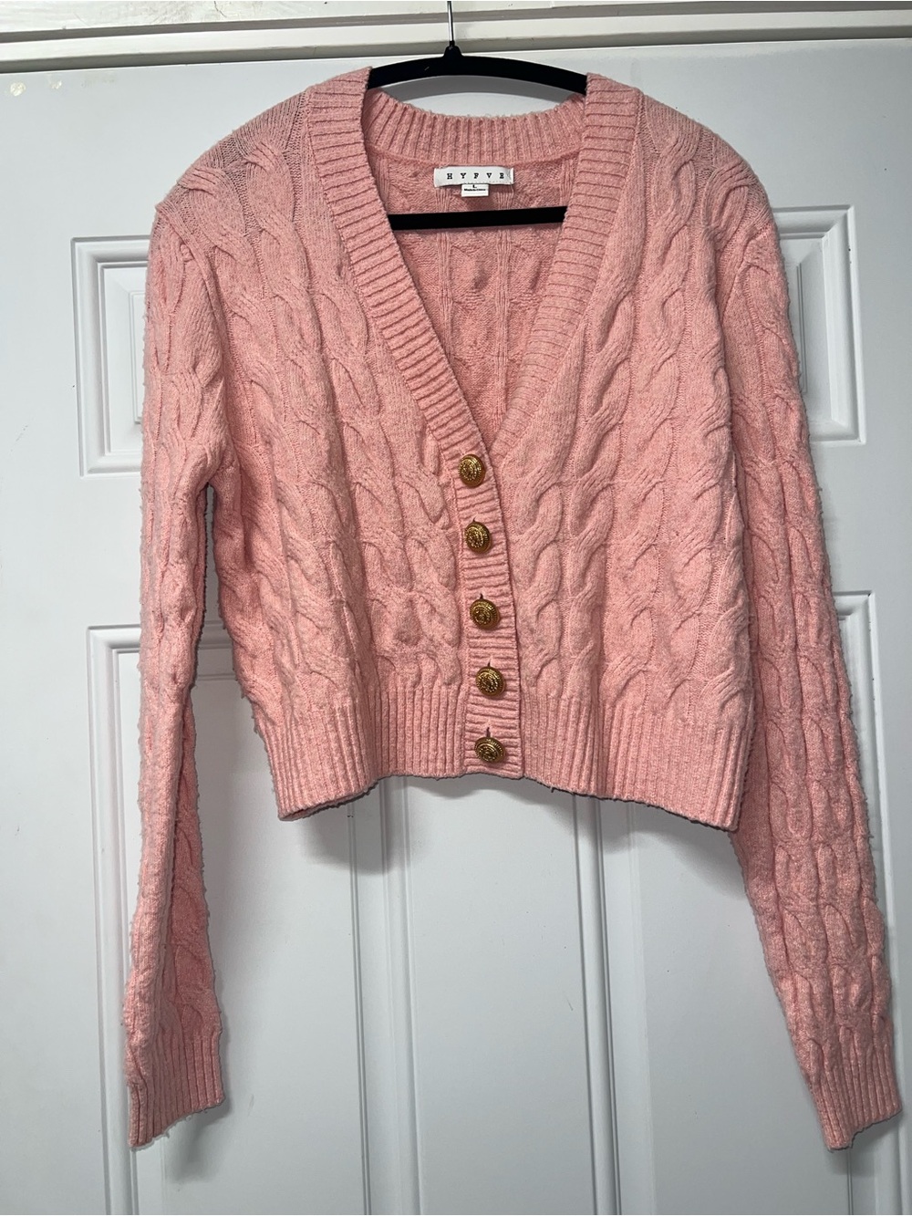 Hyfve pink hip length cable knit cardigan size large